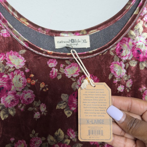 NEW Natural Life Women Velvet Floral Tiered Maxi Dress XL Burgundy Bohemian - Picture 6 of 12